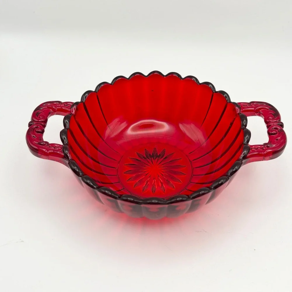 Vintage Ruby Red Glass Double Handled Candy Dish Bowl Starburst Base 6.25